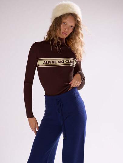 MUSERA High Neck ' Ski Club' Knitted Stripe Fitted Jumper Winter Ski Vacation  Lounge Holidays   Sweater Spring