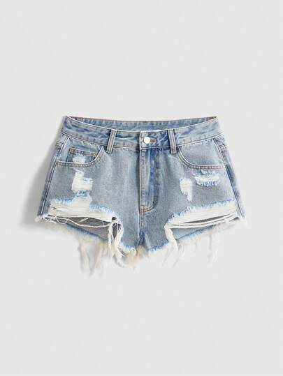 ROMWE Summer Outfits Daisy Floral Embroidered Distressed Denim Shorts