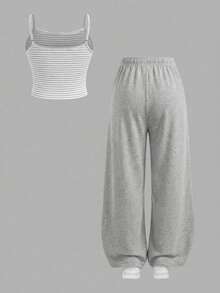 SHEIN Girlism Tween Girl Casual Homewear Fitted Lace Trim Camisole And Wide Leg Striped Knit Pants Set, Heather Gray - Grey - View 2