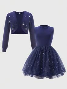 Tween Girl Elegant Party Beaded Decor Jacket & Sequin Mesh Patchwork Dress Set - Blue - View 3