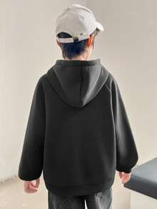 SHEIN 男童休闲运动宽松撞色卫衣,适合通勤、上学、日常休闲穿着、运动、秋冬季节穿着,男童服装,校服 - 黑色 - 查看 3