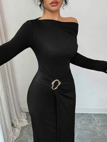SHEIN Elenzya 女士优雅斜领长袖修身连衣裙，腰部收紧设计，饰有金属纽扣 - 黑色 - 查看 7