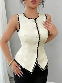 SHEIN Elenzya Áo hai dây cổ tròn thắt eo thanh lịch dành cho nữ, phù hợp cho mùa xuân, hè, thu - Màu be - Xem 3