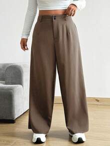 Vionelle Plus Size Loose Wide Leg Pants With Pockets, Solid Color - Khaki - View 7