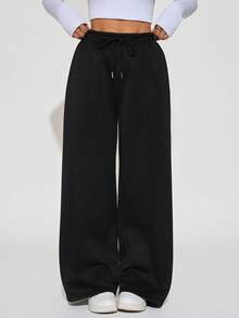 SHEIN PETITE 女士纯色抽绳腰阔腿宽松休闲运动裤，适合毕业季、返校季穿着，也适合教师穿着。 - 彩色 - 查看 3