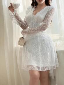 Feyla Đầm ngắn dự tiệc và ngày lễ tay dài phối ren chắp vá thanh lịch, thắt eo cho nữ - trắng - Xem 4