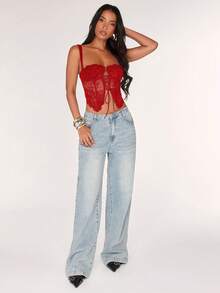 SHEIN BAE Women's Sexy Lace Sheer Tie-Up Spaghetti Strap Camisole Top, Suitable For Date Night, Girls' Night Out, Birthday Party, Cocktail Party, Nightclub, Holiday Party - Red - View 4