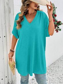 EMERY ROSE Kaos Wanita Ukuran Besar Model V-Neck Batwing Lengan Pendek Kasual Longgar dengan Belahan Samping di Bagian Bawah - Cadet Blue - View 3