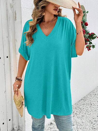 EMERY ROSE Plus Size Women V-Neck Batwing Short Sleeve Casual Loose T-Shirt With Side Slit Hem