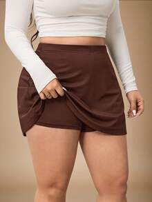 Enliva 2026新年新款，大码女式纯色基础款A字休闲半身裙（含短裤），适合圆润身材，尤其适合苹果型和圆润体型 - 棕色 - 查看 8