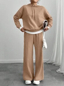Conjunto de dos piezas de sudadera y pantalón de chándal oversize de color gris jaspeado para mujer - Beis - Ver 5