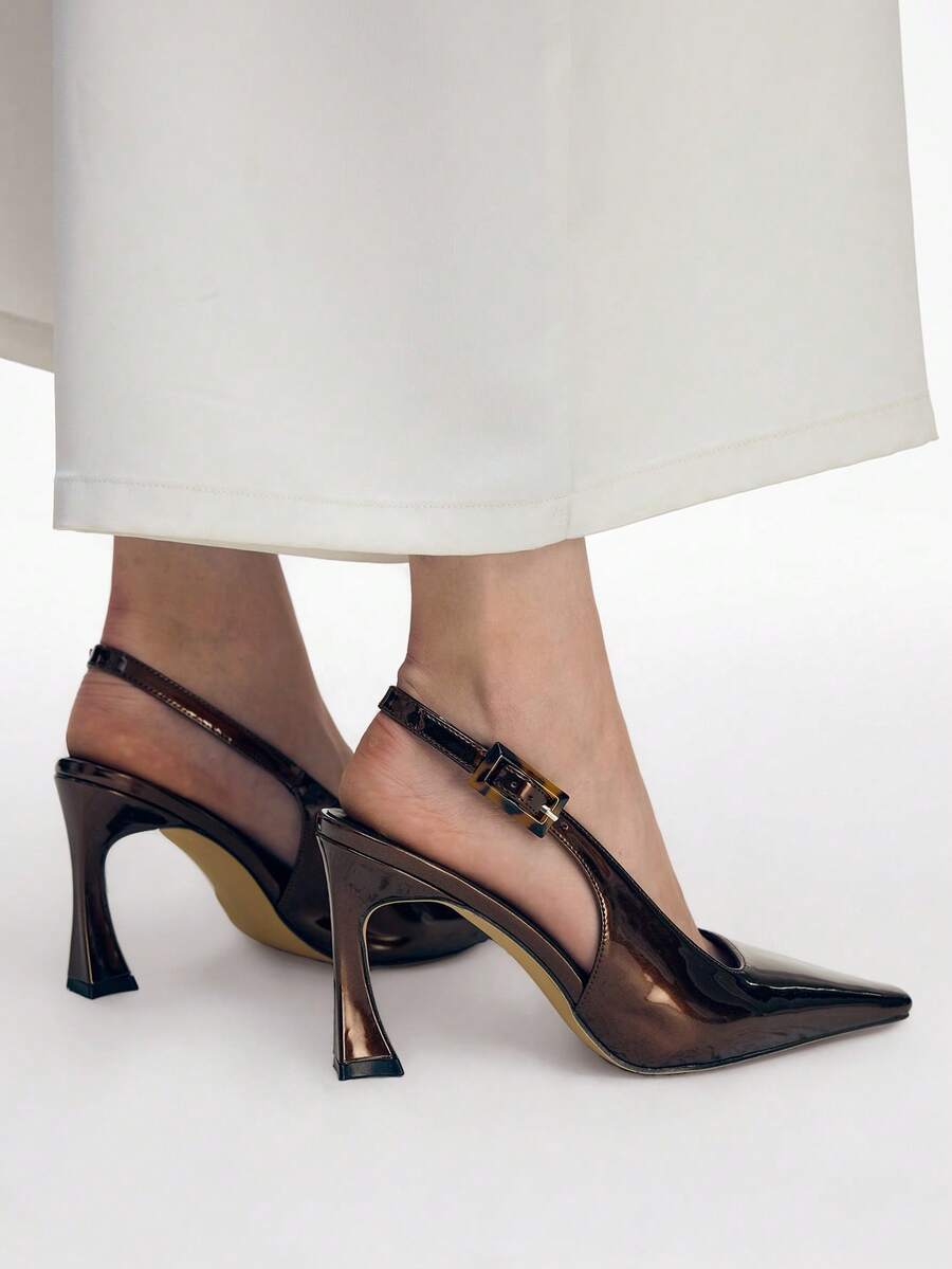 Mnmlis 女士优雅尖头搭扣高跟鞋，适合通勤 - 鏽棕色 - 查看 1