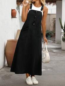 EMERY ROSE Plus Size Loose Washed Denim Pinafore Dress - Black - View 6