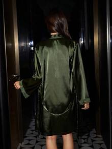 SilkySpell 女士优雅性感蕾丝拼接吊带睡袍睡衣套装 - 軍綠色 - 查看 7