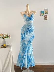 Soleia 女士彩色复古印花垂褶领口层叠荷叶边下摆连衣裙，度假风 - 彩色 - 查看 6