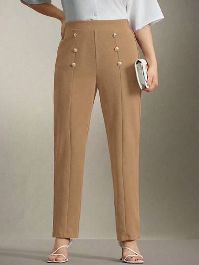 Flouryn Plus Size Double Metal Decor Button Straight Leg Pants, Elegant For Commuting And Outings