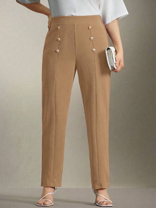 Flouryn Pantalones rectos con doble botón metálico decorativo, elegantes para ir al trabajo y salir
