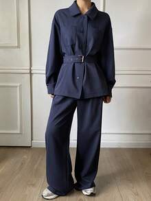 DAZY Bộ đồ mặc nhà mùa Thu/Đông dáng rộng, chất liệu denim giả cổ, màu gốc đã qua xử lý, gồm áo khoác và quần ống thẳng, kèm thắt lưng, dành cho nữ. - Màu xanh lam - Xem 3