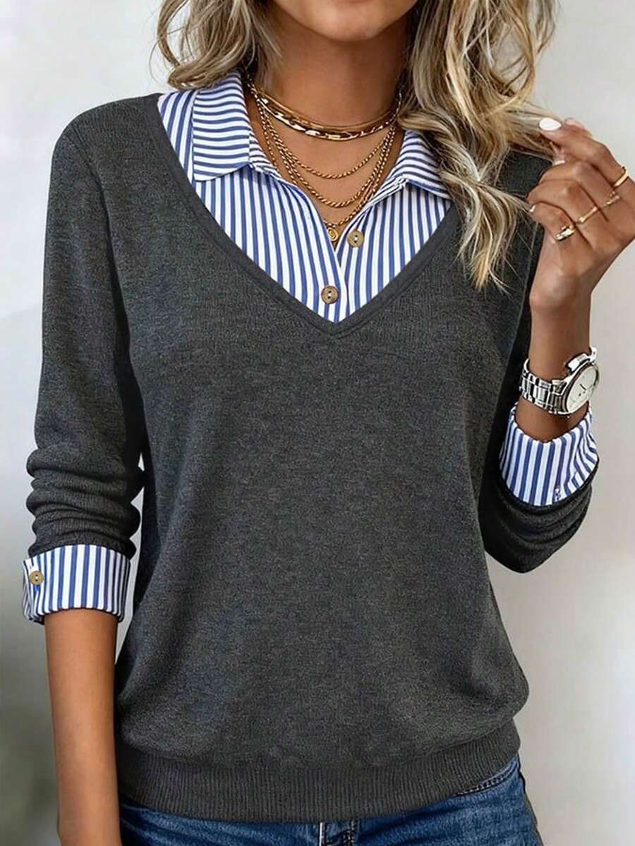 EMERY ROSE Women's Striped Patchwork Shirt Collar Long Sleeve Casual Blouse - Grey - View 1