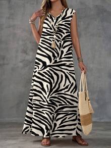 EMERY ROSE 女士优雅休闲度假派对V领斑马纹连衣裙 春季女士长款夏季连衣裙，休闲 - 彩色 - 查看 5