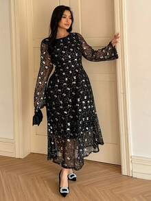 Dazy Plus Đầm Valentine thanh lịch đính sequin tay xòe, eo ôm, co giãn, cỡ lớn. - màu đen - Xem 7