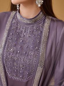 SHEIN Najma 优雅3D立体花卉装饰拼接女士系带修身连衣裙 - 紫色 - 查看 6