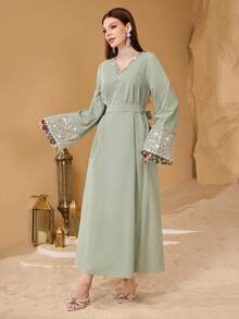 Al Najma Women's New Fashionable Elegant Luxurious Sequin Mesh Sleeve Sequin Ribbon Splice Lace Collar Embroidered Waistband Slimming Long Arabic Dress - Green - View 3