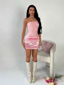 TRNVIE Pink Sequin & Satin Patchwork Strapless Waist Cinched Party/Valentine's Day Mini Dress For Women, Spring/Summer - Pink - View 5