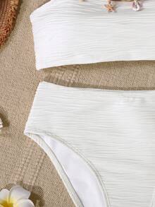 SHEIN 少女连体泳衣，采用纹理面料，带有网纱裙摆，适合海滩、泳池和休闲度假穿着。 - 白色 - 查看 9