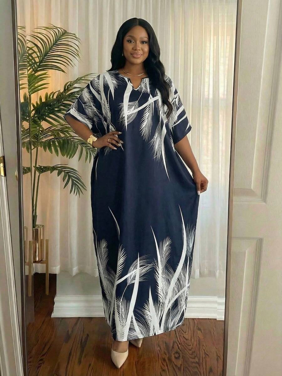 SHEIN Lady 春夏秋冬优雅藏蓝色梭织缺角长袍连衣裙，大码连衣裙 - 彩色 - 查看 1