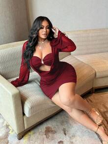 NU&NOW Plus Size Women's Bodycon Dress, Sexy Sheer Mesh Bell Sleeve Metal Buckle Party Dress, Suitable For Autumn/Winter/Summer - Burgundy - View 6