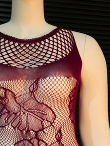Plus Size Women's Sheer Sexy Lingerie Mesh Dress (For Music Festival) - Burgundy - View 5