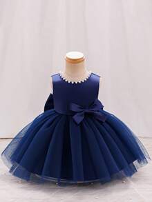 SHEIN Glamorique Kids Váy công chúa Giáng sinh cho bé gái, Váy dạ hội khiêu vũ, Váy hoa dự tiệc & cưới, Chân váy bồng bềnh bằng vải tuyn màu hồng, Váy dạ hội công chúa nơ lớn đính hạt màu trắng ở lưng chữ V, Váy dạ hội màu tím cho bé - Màu xanh hải quân - Xem 2