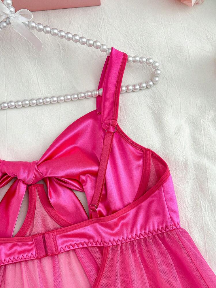 مجموعة من 2 قطعة فستان كامي شبكي نسائي مثير مزين بربطة عنق - روز أحمر - مشاهدة 9