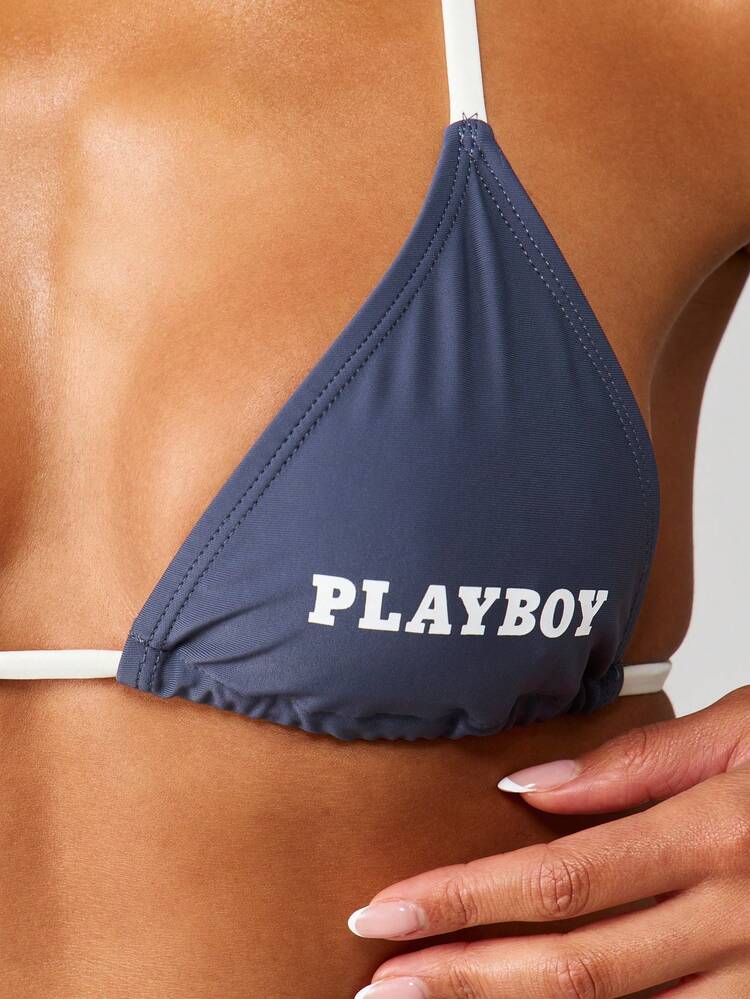 Missguided x Playboy Navy Halter Bikini Set With White Contrast Straps And Text Print Summer Beach Swimwear Two Piece