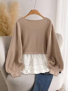 SHEIN CURVE+ Plus Size Casual Round Neck Drawstring Waist Lantern Sleeve Patchwork Ruffle Hem Sweater, Women Crochet Knit Top, Cottagecore Autumn/Winter/2026 /New Year - Multicolor - View 2