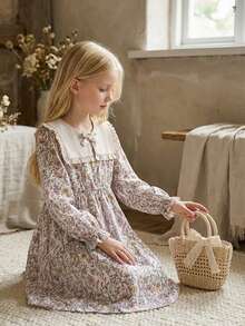 Vintaside Kids Girls' Spring & Autumn Long Sleeve Lapel Dress With Elegant Digital Print, Suitable For Mild Weather Outings, Camping, Vacations, Or Parties - Multicolor - View 7