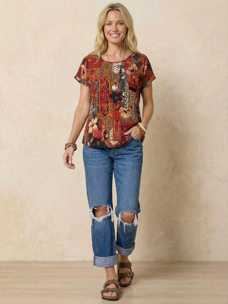EMERY ROSE Floral Print Batwing Sleeve Blouse,Short Sleeve Tops - Multicolor - View 1