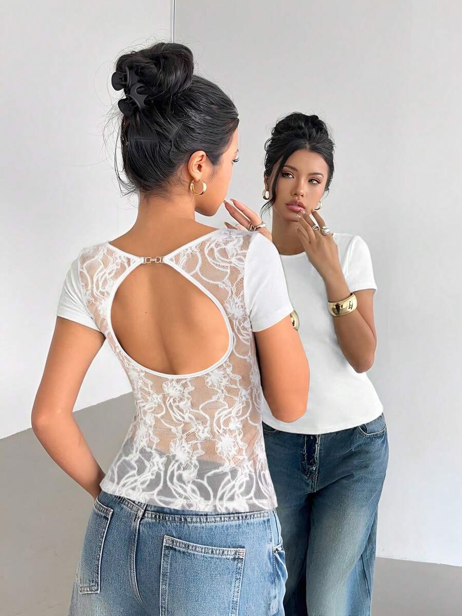 Siren Gaze 女款白色半透視 T-Shirt,船領短版落肩袖對比蕾絲露背網紗上衣,夏季性感時尚派對夜透視上衣 - 白色 - 查看 1