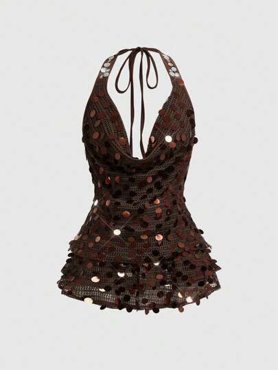 ROMWE Spring/Summer Valentine's Day Women's Vintage Vacation Style Retro Hippie Music Festival Hollow Sexy Beaded Fabric Halter Tie Neck Ruffle Hem Crop Top