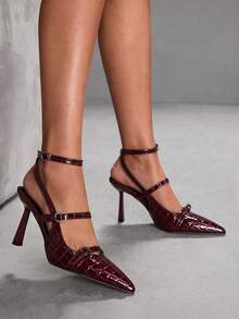 CUCCOO SZL 女士后跟系带蝴蝶结装饰洛丽塔风格高跟鞋，酒红色，适合圣诞节穿着 - 酒紅色 - 查看 8