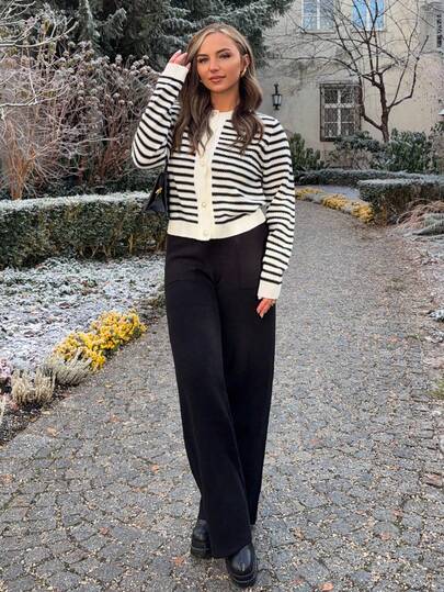 Jeta Ari 条纹扇贝边纽扣前开衫、长袖上衣、秋冬针织毛衣