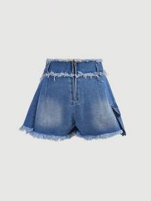 Girlism Tween Girl Frayed Hem Cargo Pocket Pleated Casual Denim Mini Skirt - Medium Wash - View 2