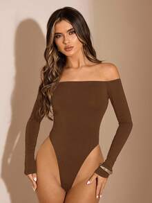 SHEIN BAE 1 bộ đồ liền thân hở vai tay dài màu đen trơn cho nữ, bộ đồ liền thân thanh lịch, bộ đồ liền thân nhiều lớp thời trang thu/đông - màu nâu - Xem 2