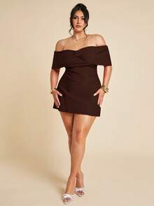SHEIN BAE Plus Size Women's Elegant Open Shoulder Bow-Tie Cocktail Dress, Suitable For Party, Date Night, Clubbing In Autumn & Winter - Coffee Brown - View 1