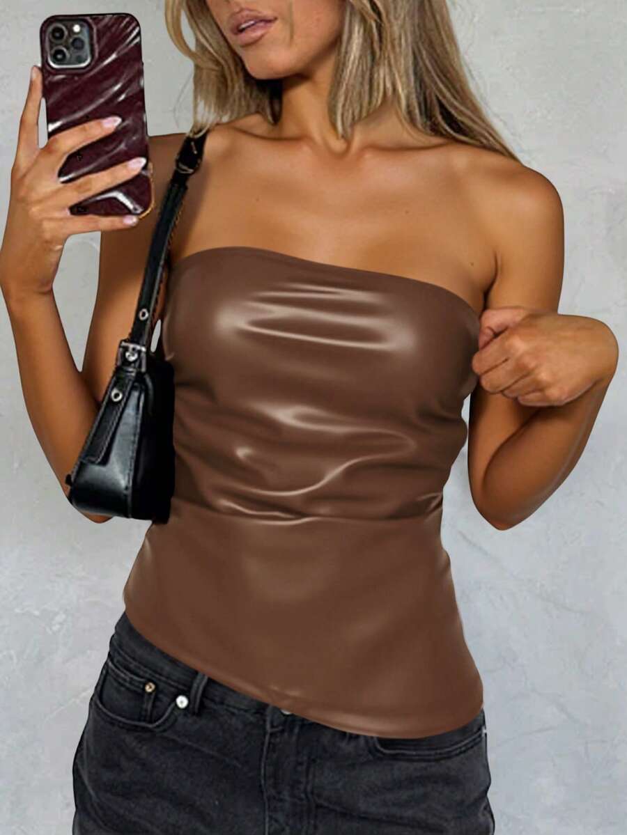 Siren Gaze Top de cuero para mujer con pliegues y bajo asimétrico, adecuado para salir y fiestas, top navideño - Marrón Chocolate - Ver 1