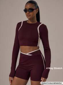 Musera Sport Top corto de manga larga con recorte en la espalda, ajustado, para actividades deportivas de invierno, gimnasio y entrenamiento, de aleación - Burdeos - Ver 1