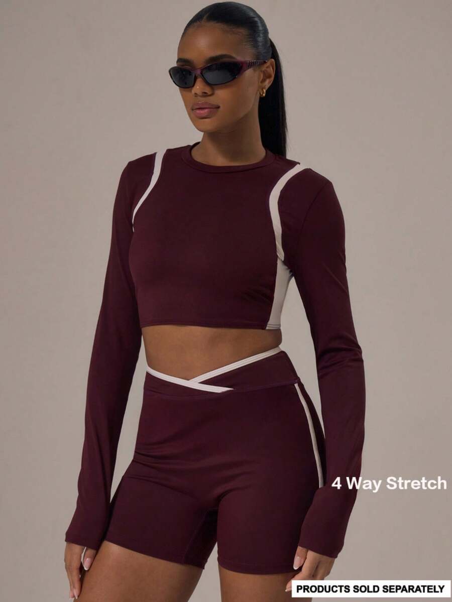 Musera Sport Top corto de manga larga con recorte en la espalda, ajustado, para actividades deportivas de invierno, gimnasio y entrenamiento, de aleación - Burdeos - Ver 1