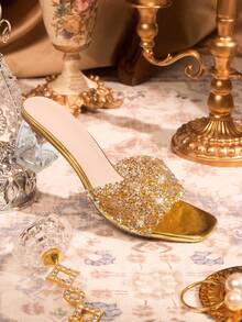CUCCOO TILAWA Sparkling Water Diamond Women's High-Heeled Sandals With Water Diamond Hollowed-Out Design And Transparent Crystal Design, Featuring A Luxurious Style For Spring And Summer - Gold - View 6