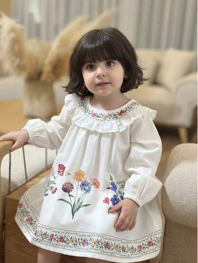 Playful Pals 1pc Baby Girls' Round Neck Floral Print Ruffle Trim Long Sleeve Casual Cute Mini Dress, Suitable For Spring/Autumn Outings And Vacations